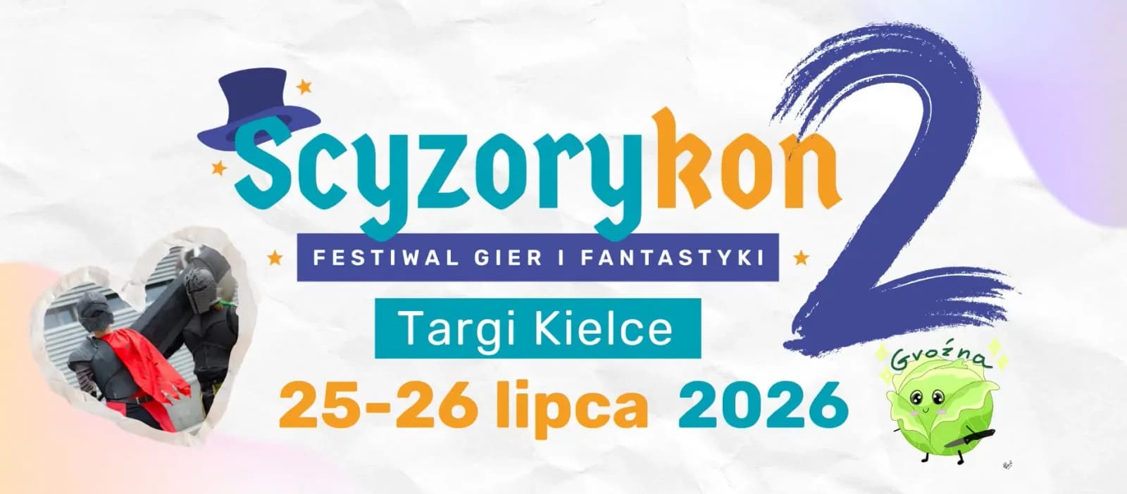 A poster announcing the Scyzorykon 2 festival for games and fantasy, with a heart-shaped cutout showing two people in costumes and a cartoon cabbage.